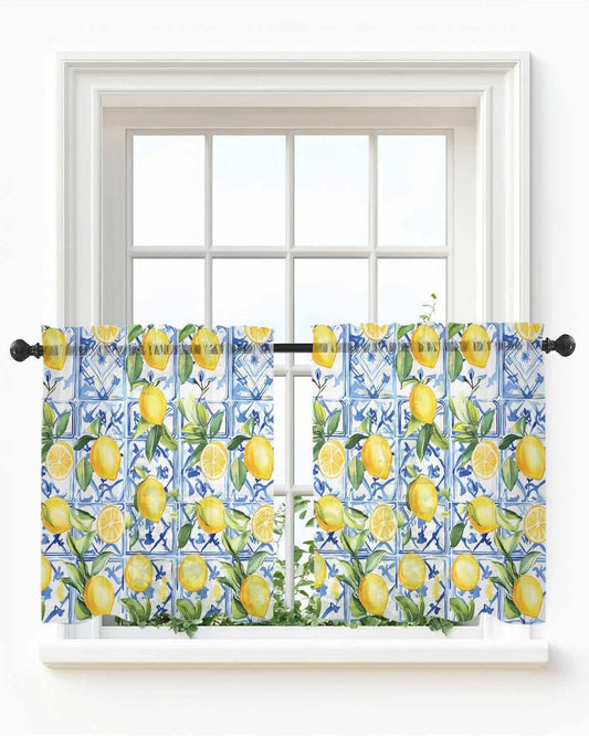 Yellow Lemon Sheer Tier Curtains 24 Inch Length, Botanical Spring Leaves Abstract Blue Tile Cafe Curtains Light Filtering, Sheer Voile Small Window Curtain 2 Panels, 27.5" x 24"