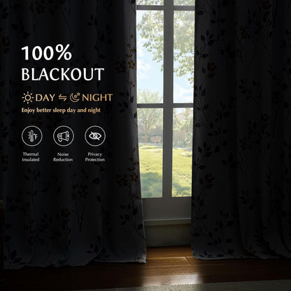 Beauoop Floral 100% Blackout Curtains 84 Inches Long 2 Panels for Bedroom Living Room Yellow Grey and White Flower Patterned Room Darkening Thermal Soundproof Grommet Window Treatments Drapes, 52X84
