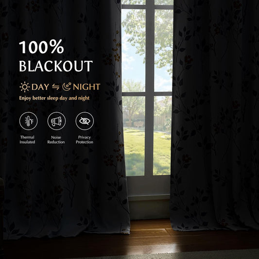 Beauoop Floral 100% Blackout Curtains 96 Inches Long 2 Panels for Bedroom Living Room Yellow Grey and White Flower Patterned Room Darkening Thermal Soundproof Grommet Window Treatments Drapes, 52X96