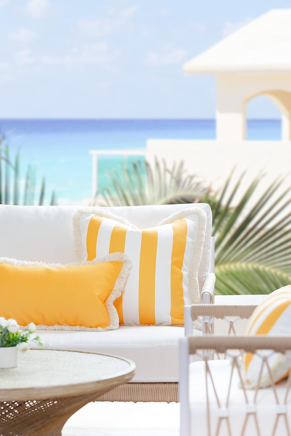 Hofdeco Premium Coastal Patio Indoor Outdoor Pillow Cover Only, 20"x20" Water Resistant for Backyard, Couch, Yellow Stripe Fringe