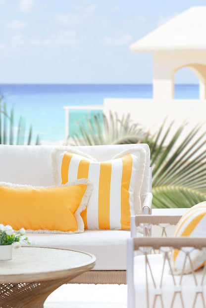 Hofdeco Premium Coastal Patio Indoor Outdoor Pillow Cover Only, 20"x20" Water Resistant for Backyard, Couch, Yellow Stripe Fringe