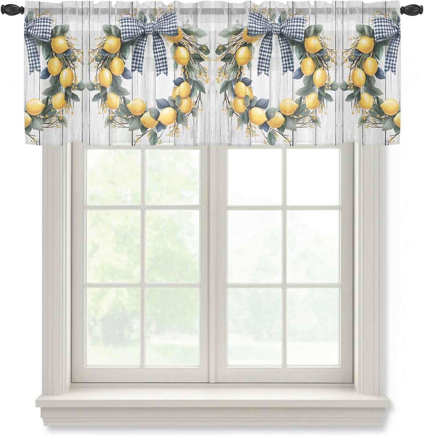 Farmhouse Style Sheer Curtain 18 Inch Long Lemon Garland Bow Wood Grain Light Filtering Rod Pocket Voile Curtain Valance for Bedroom Kitchen Cafe Window 54" W x 18" L