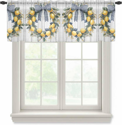 Farmhouse Style Sheer Curtain 18 Inch Long Lemon Garland Bow Wood Grain Light Filtering Rod Pocket Voile Curtain Valance for Bedroom Kitchen Cafe Window 54" W x 18" L