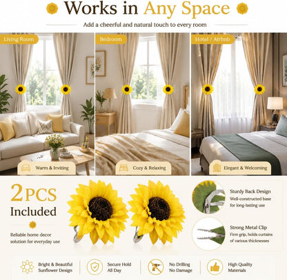 2Pcs Sunflower Curtain Tiebacks Yellow Floral Decor for Farmhouse Bedroom Window Treatments Decorative Drapery Tie Up Hooks No Drill Holders for Boho Curtains