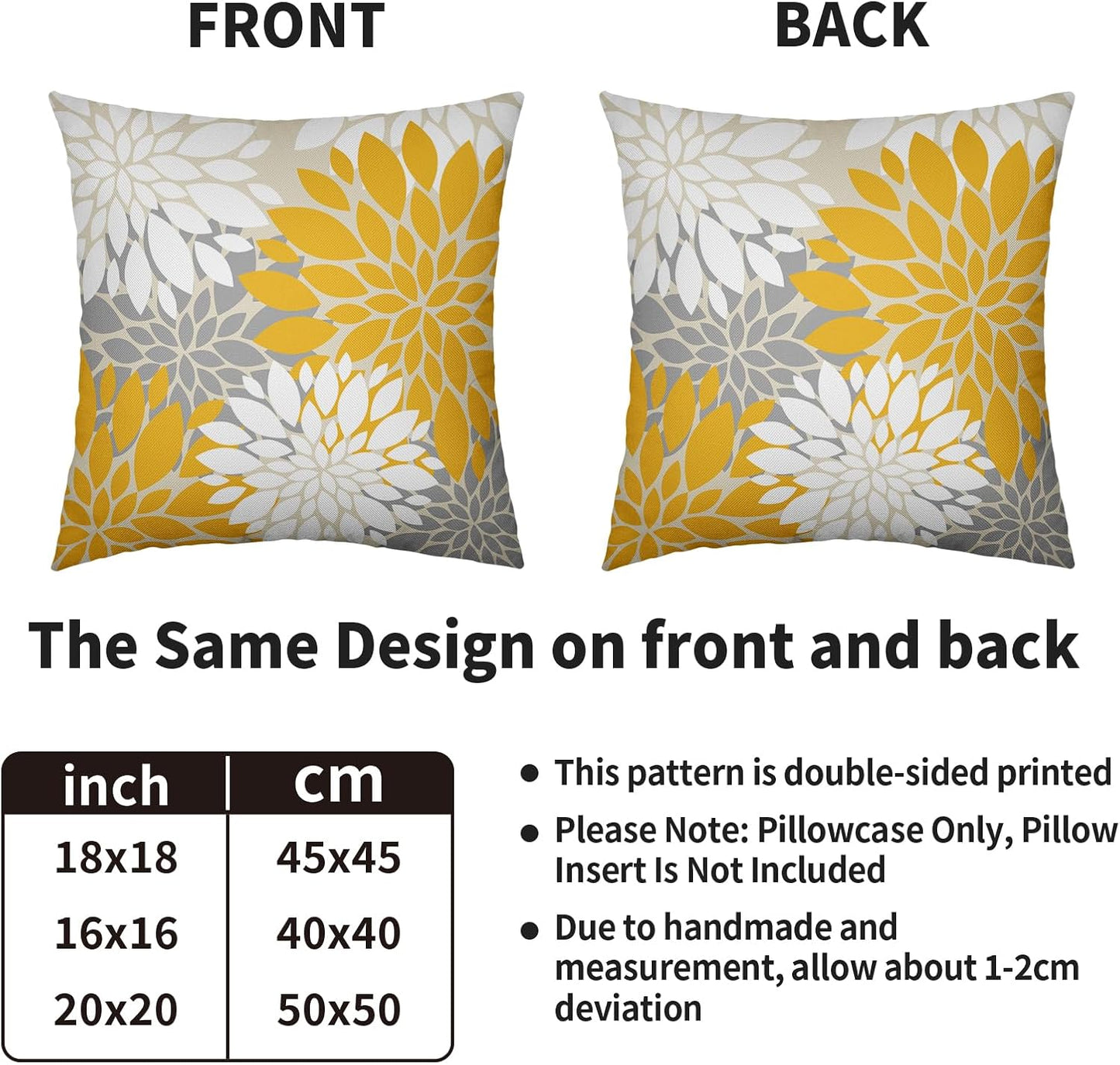 Yellow White Grey Gray Pillow Covers 18X18 Inch Set of 2, Modern Geometry Dahlia Floral Print Decorative Throw Pillow Covers Outdoor Farmhouse Cushion Case for Home Couch Sofa Bed Decoration