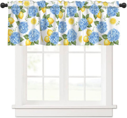 Blue Hydrangeas Yellow Lemons Valances for Windows, Rod Pocket Kitchen Curtain Valances, Light Filtering Short Window Valance Curtains Topper for Bathroom Laundry Room, 54x18 Inch, 1 Panel