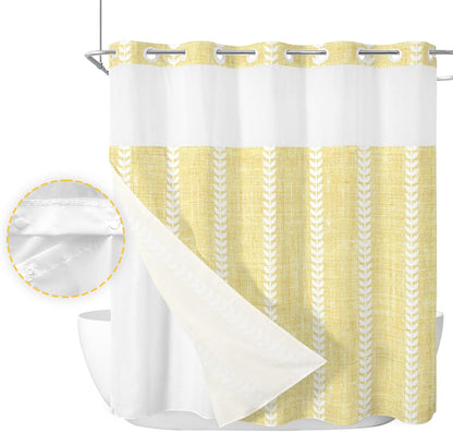 Light Yellow Linen Shower Curtains Set Modern Farmhouse Vertical Lines No Hook Shower Curtains with Snap in Liner 72" x 78" Waterproof Fabric See Through Top Sheer Window for Bathroom Shower Room