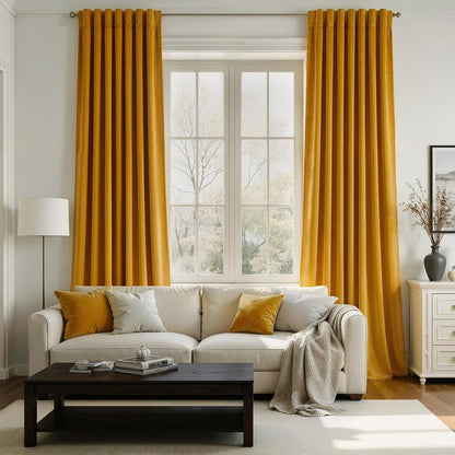 Mustard Yellow Velvet Curtains 84 Inches Long for Living Room Modern Elegant Soft Velvet Rod Pocket Drapes With Hooks for Dining Room Bedroom Room Darkening Privacy Window Treatments 2 Panels Set