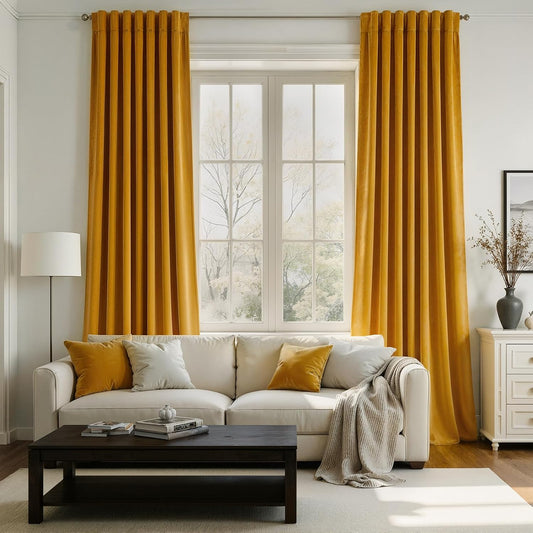 Mustard Yellow Velvet Curtains 84 Inches Long for Living Room Modern Elegant Soft Velvet Rod Pocket Drapes With Hooks for Dining Room Bedroom Room Darkening Privacy Window Treatments 2 Panels Set