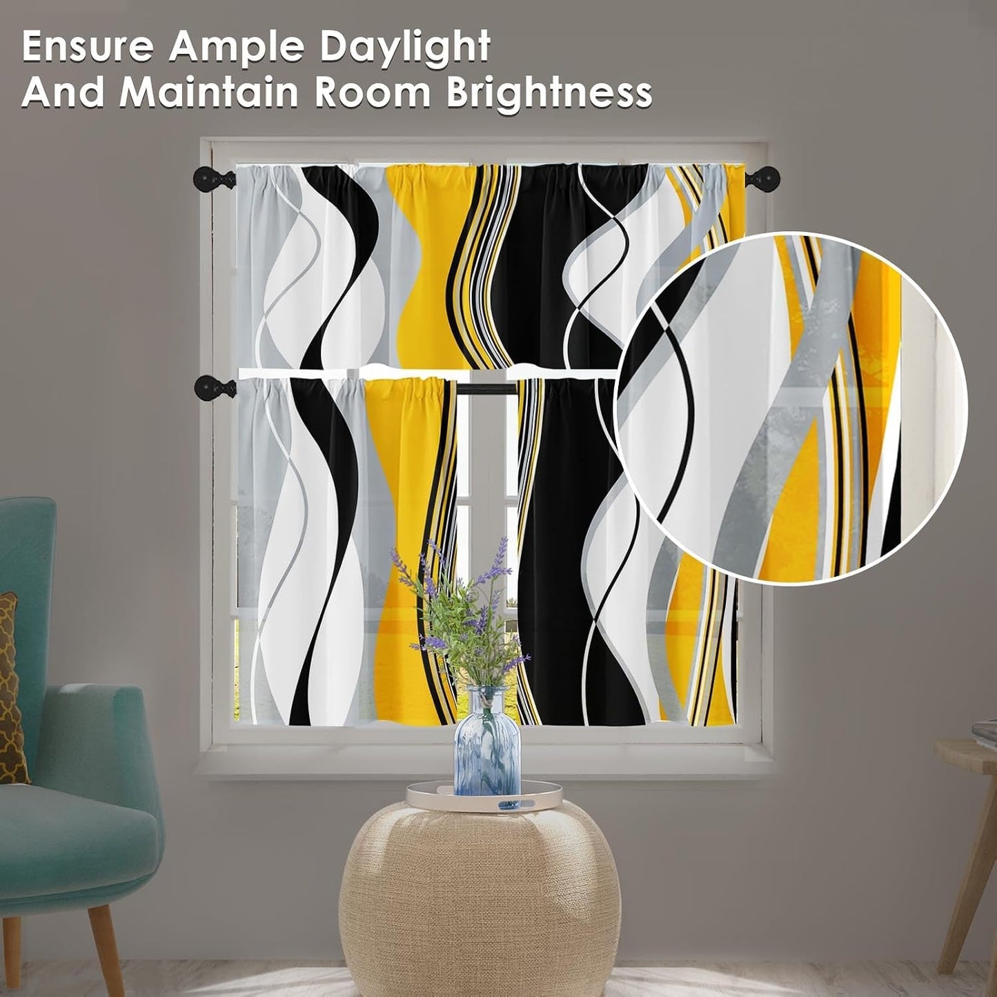 Yellow Grey White Black Kitchen Window Curtains Valance and Tier Set 36 Inch, Geometric Lines Abstract Rod Pocket Short Tier Curtain for Bathroom, Modern Small Cafe Drapes for Kitchen Decor