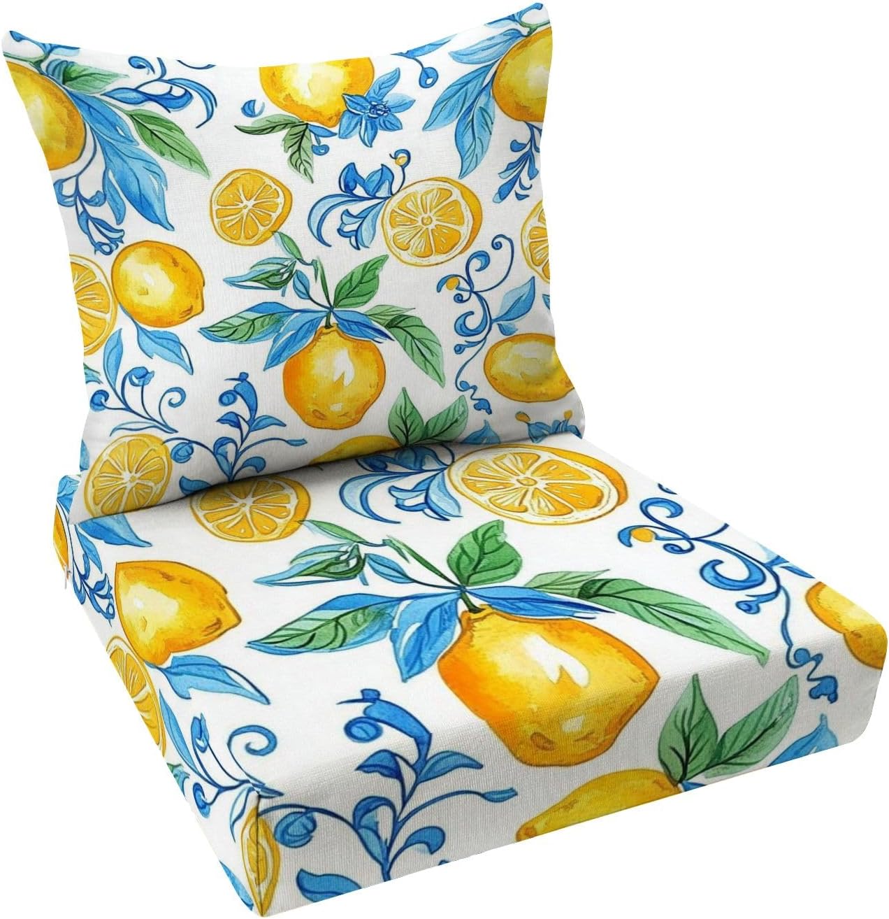 Outdoor Deep Seat Cushion Set Mediterranean Seamless Pattern Blue Majolica Tiles Yellow Lemons 24 x 24 Inch Fade Resistant Patio Furniture Cushions with Removable Cover for Chaise Lounge