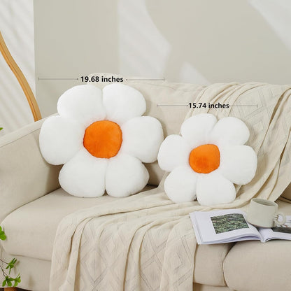 CANGHI Flower Pillow White Yellow 15.7" Plush Throw | Cute daisy shaped aesthetic cushion for bed, sofa, chair & floor seating, cozy floral home accent.