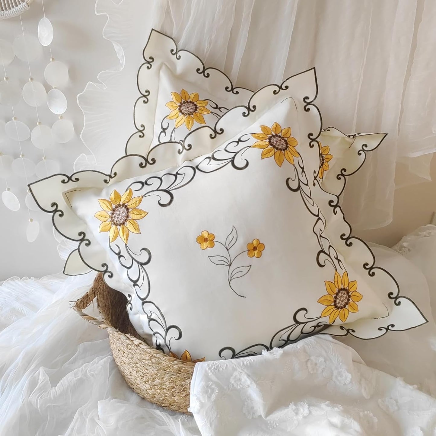Sunflower Embroidery Throw Pillow Cover Yellow Floral Pillowcase Jacquard Ruffle Cushion Cover,French Shabby Vintage Design 18x18 Inch