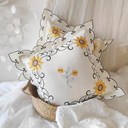 Sunflower Embroidery Throw Pillow Cover Yellow Floral Pillowcase Jacquard Ruffle Cushion Cover,French Shabby Vintage Design 18x18 Inch
