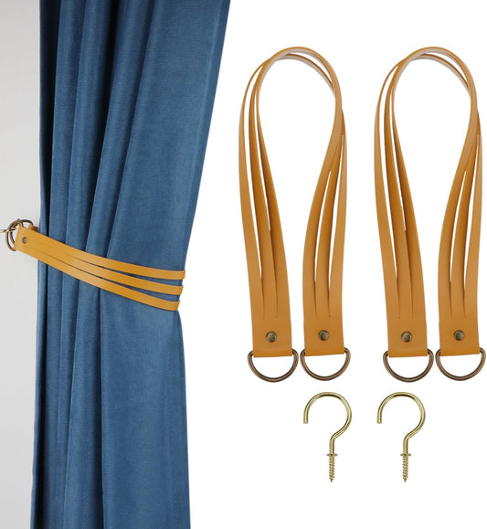 Leather Curtain Tiebacks Curtain Buckle Vintage Curtain Tie Backs Leather Curtain Rod Holder for Home Offic Living Room Bedroom 2 Pcs (Earth Yellow, Narrow)