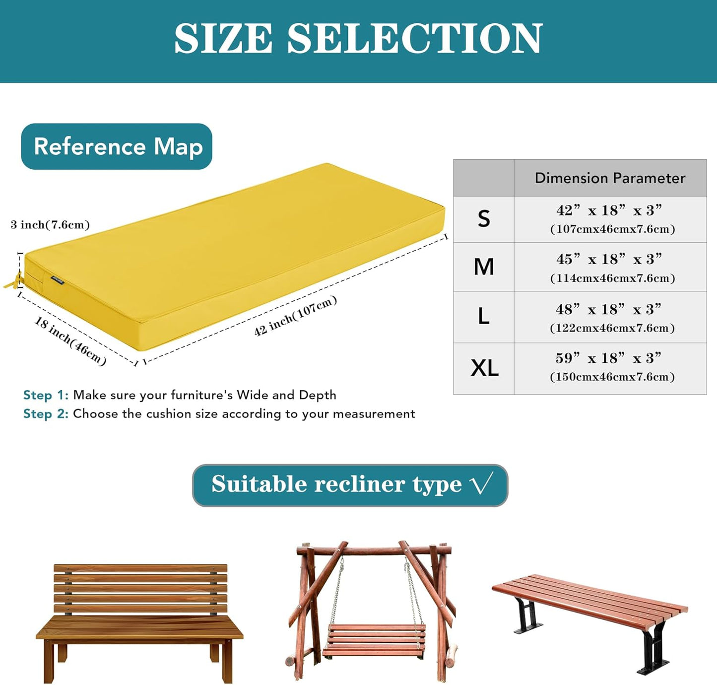Outdoor Bench Cushion 48 x 18 Inch Thick Waterproof Porch Swing Cushions with Tie Patio Furniture Chair Cushion Bench Pad Color Fastness Backyard Seat Pads, Yellow