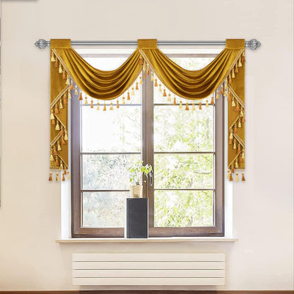 VOGOL Retro Gold Velvet Valances for Bedroom, Thermal Insulated Privacy Waterfall Valance with 2 Swags, Vintage Style Rod Pocket Window Treatments for Living Room, 59 Inches Wide