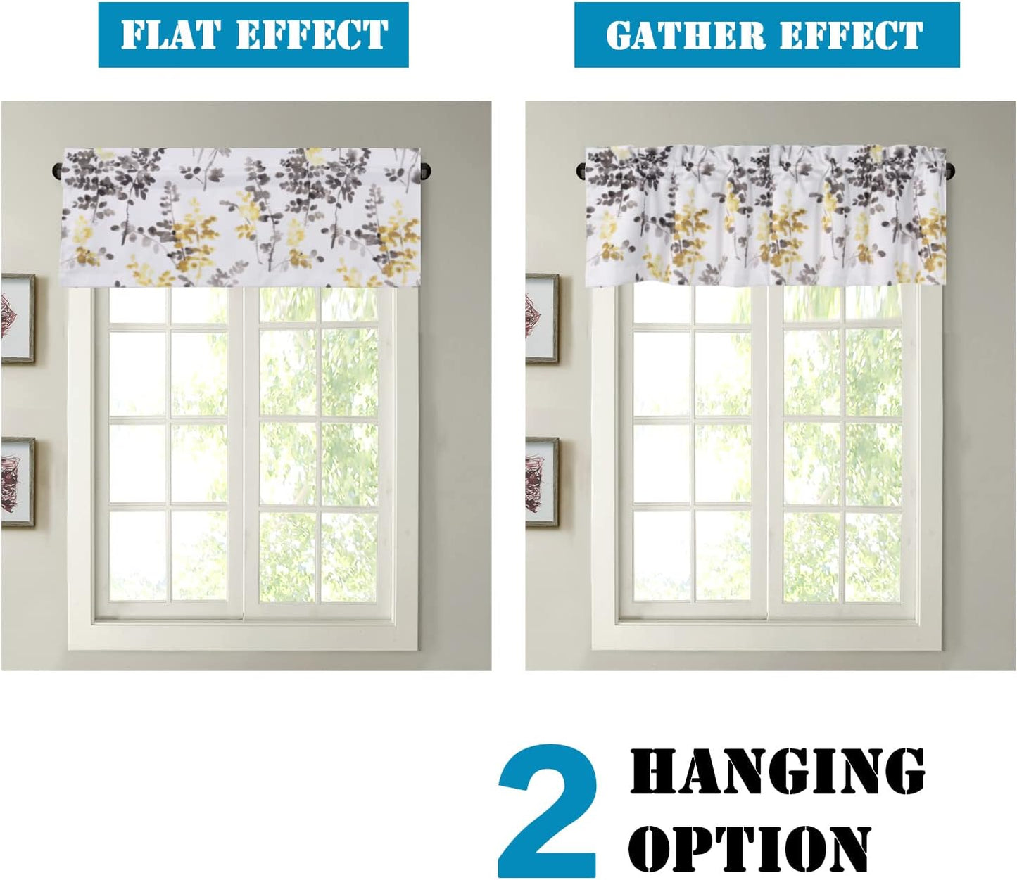 H.VERSAILTEX Valance for Kitchen Windows/Bathroom/Living Room/Bedroom Blackout Window Valance Thermal Insulated Rod Pocket Valance Curtains, 52" W x 18" L, 1 Panel, Floral Pattern in Grey and Yellow