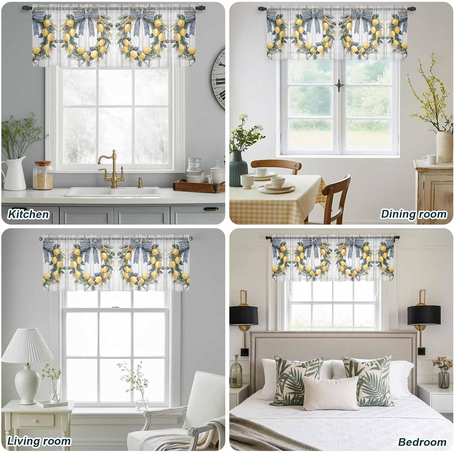 Farmhouse Style Sheer Curtain 18 Inch Long Lemon Garland Bow Wood Grain Light Filtering Rod Pocket Voile Curtain Valance for Bedroom Kitchen Cafe Window 54" W x 18" L