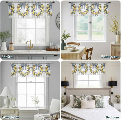 Farmhouse Style Sheer Curtain 18 Inch Long Lemon Garland Bow Wood Grain Light Filtering Rod Pocket Voile Curtain Valance for Bedroom Kitchen Cafe Window 54" W x 18" L