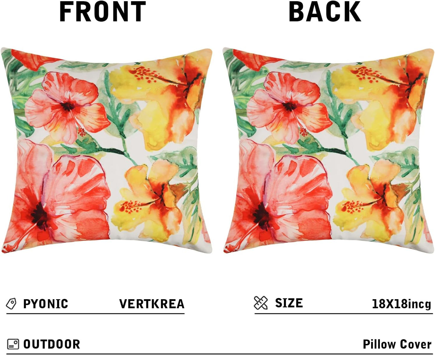Pyonic Outdoor Pillow Covers Pack of 2 Red Yellow Floral Waterproof Throw Pillow Covers 18X18 inch Outdoor Pillows for Patio Furniture Garden Square Outside Waterproof Pillow