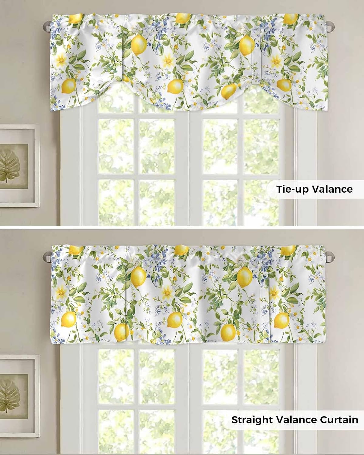 Summer Lemon Tie Up Valance for Window, Watercolor Yellow Spring Floral Botanical Adjustable Balloon Window Shade Valance Curtain for Kitchen Cafe Bathroom Window Treatment Panel 54''x18''