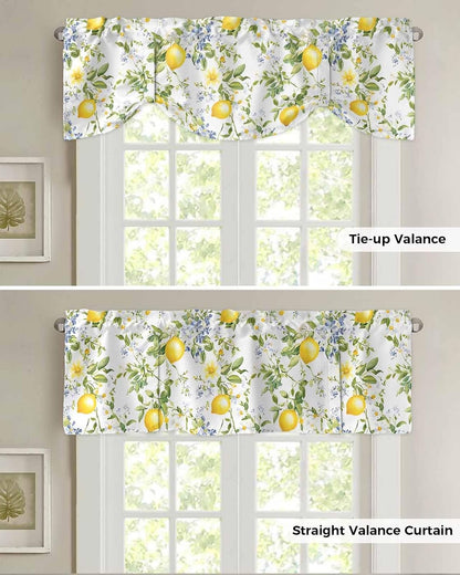 Summer Lemon Tie Up Valance for Window, Watercolor Yellow Spring Floral Botanical Adjustable Balloon Window Shade Valance Curtain for Kitchen Cafe Bathroom Window Treatment Panel 54''x18''