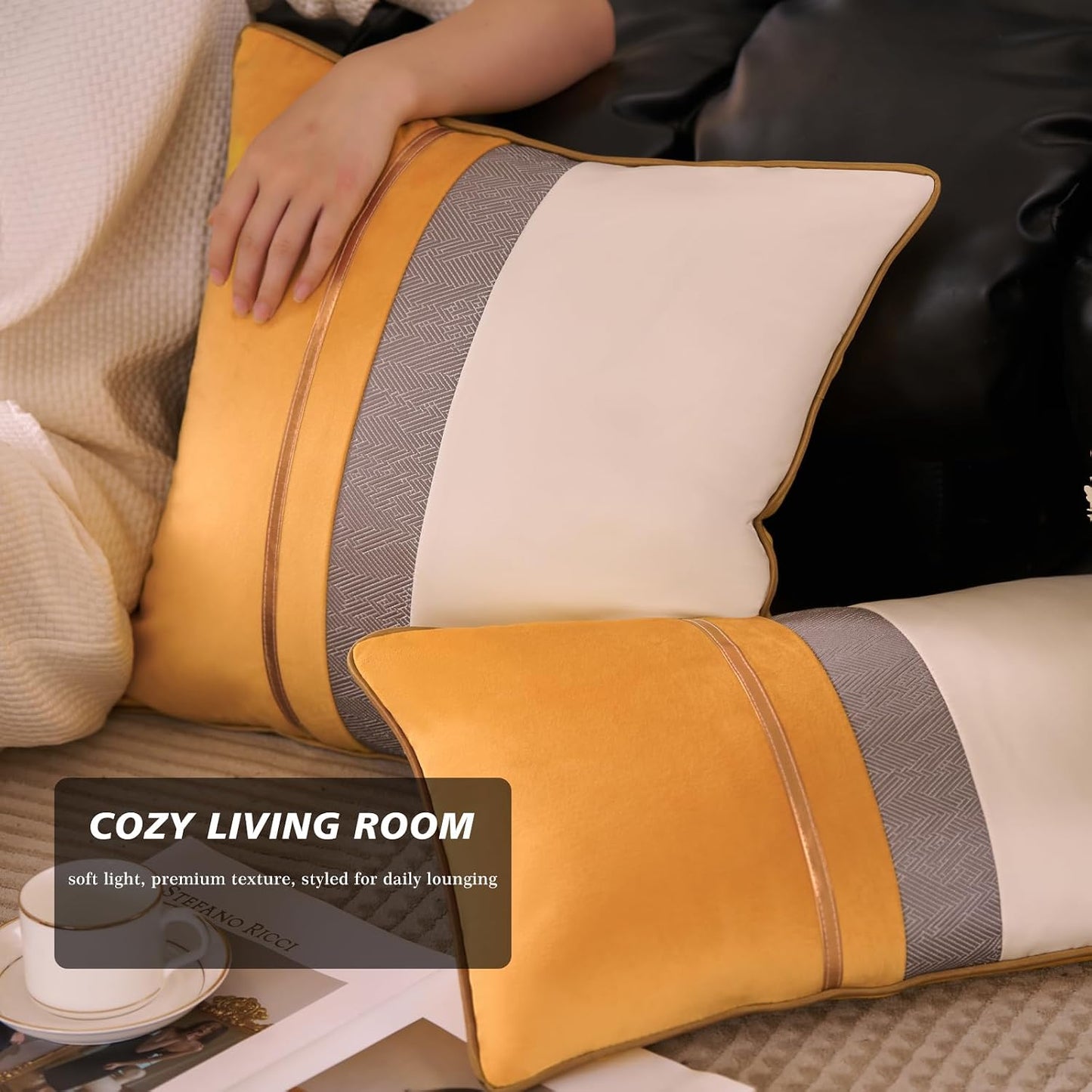 Avigers 12 x 20 Inches Yellow White Gold Leather Striped Patchwork Velvet Cushion Case Luxury Modern Throw Pillow Cover Decorative Pillow for Couch Living Room Bedroom Car