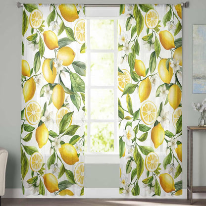 Lemon Sheer Curtains 72 Inch Length 2 Panels Set, Summer Garden Fruit Lemon Slice and Leaves Semi Transparent Voile Rod Pocket Curtains for Living Dining Room Bedroom Drapes