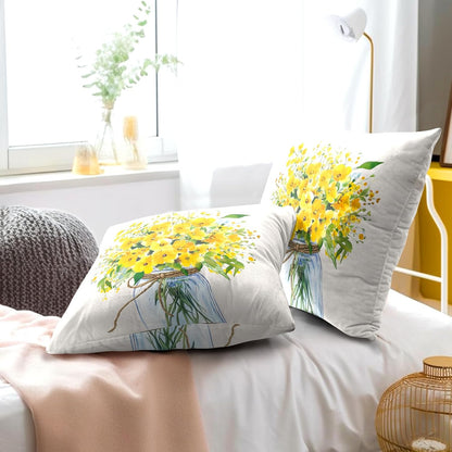 Yellow Flower Throw Pillow Cover 18x18inch 2 Packs Spring Watercolor Floral Jar Vase Cotton Cushion Case Summer Seasonal Farmhouse Pillowcase for Sofa Couch Home Patio