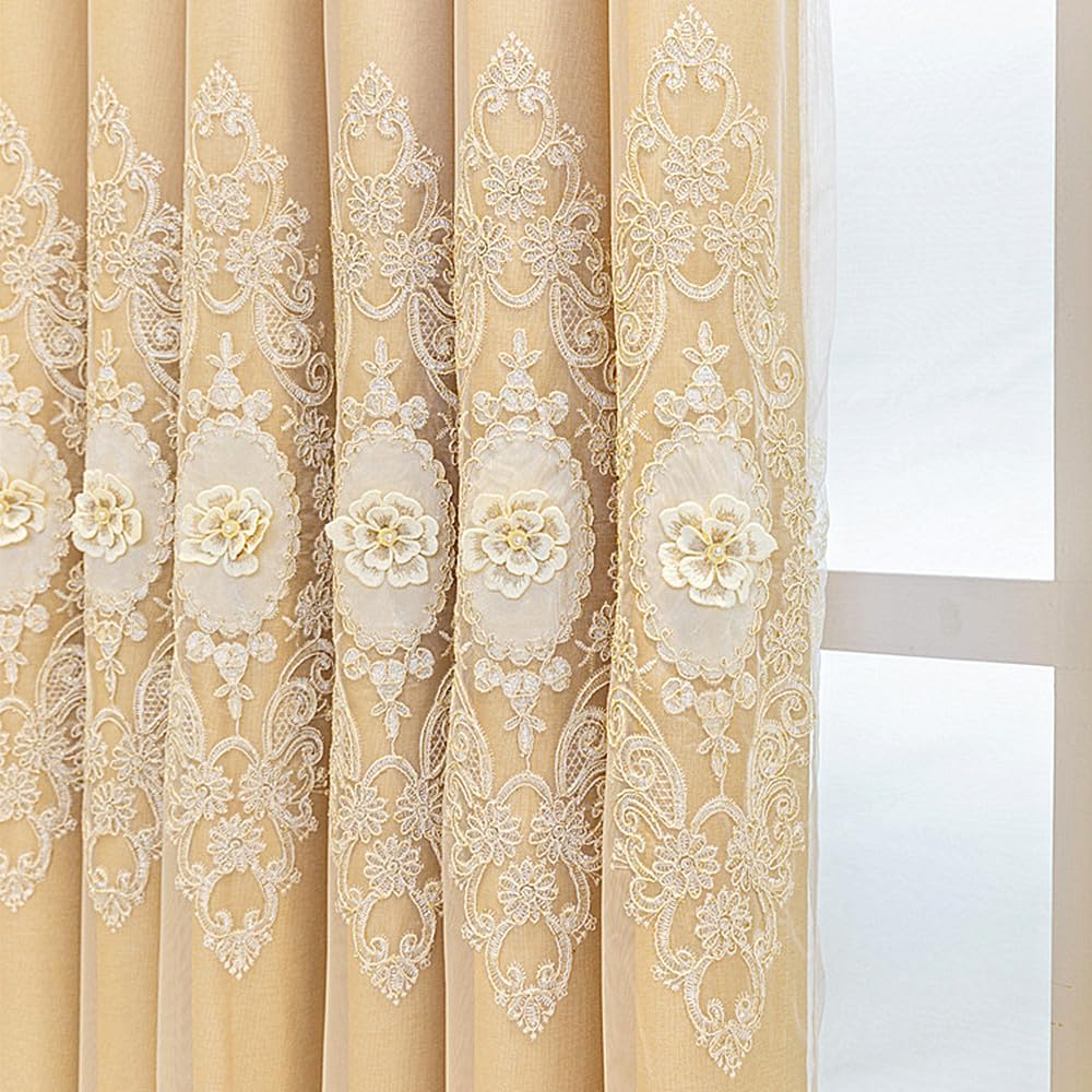 Amidoudou 1 Pair European Double Layer Curtains with Valance for Living Room Bedroom Luxury 3D Flower Embroidered Curtains (Yellow,51x96 Inch)