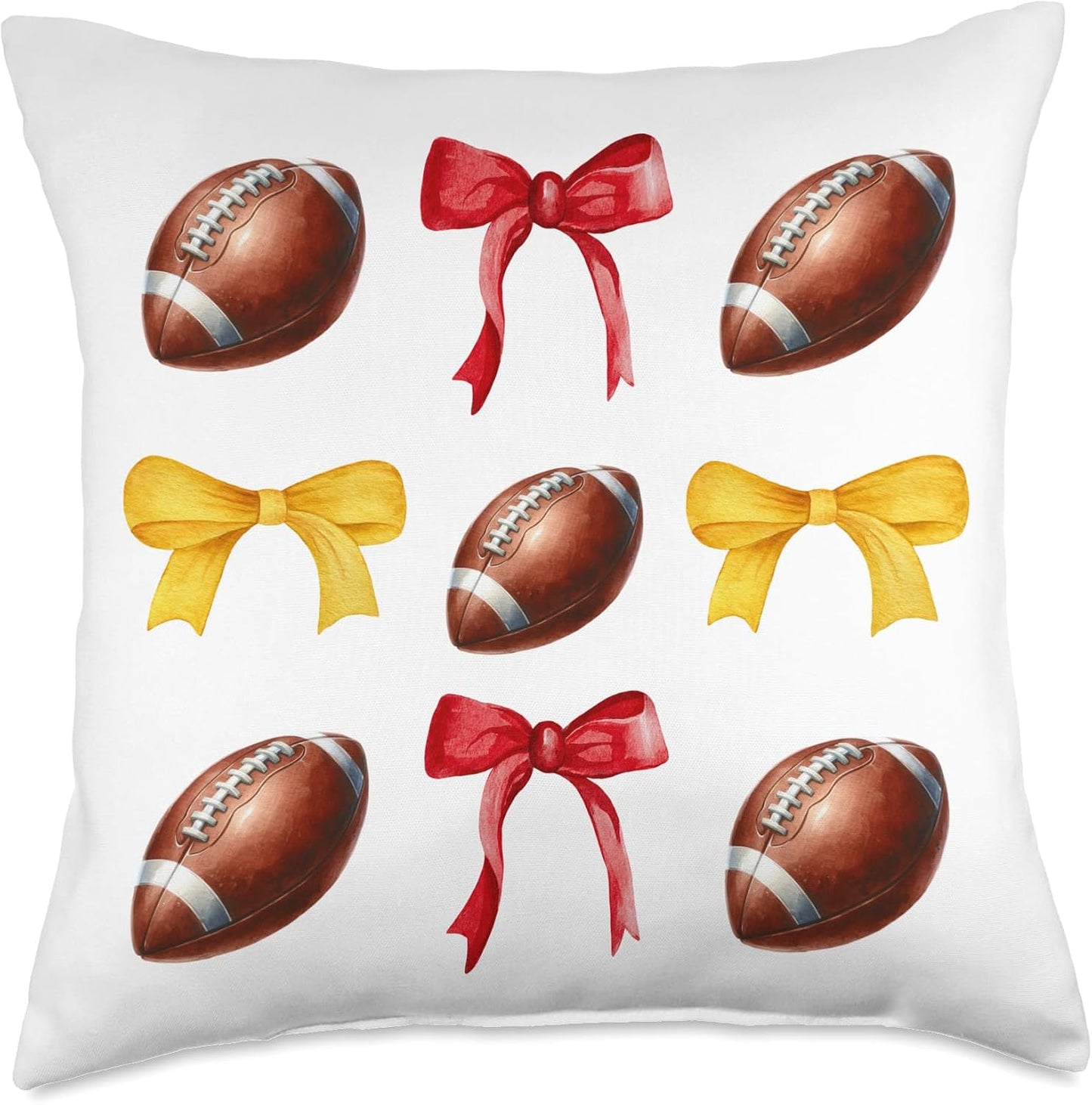 Footballs & Red & Yellow Gold Bows Girls Football Season Throw Pillow