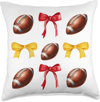 Footballs & Red & Yellow Gold Bows Girls Football Season Throw Pillow
