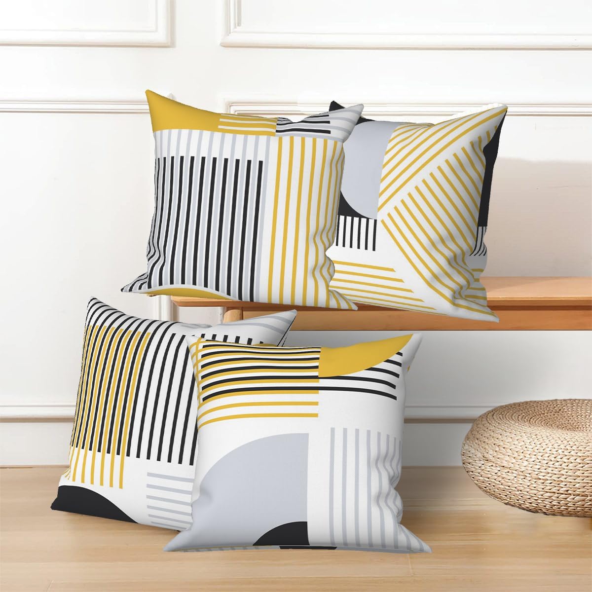 Modern Minimalist Throw Pillow Covers Geometric Striped Pillowcase Boho Line 20x20 Set of 4 Abstract Art Simple Yellow Cushion Covers for Bed Couch Sofa Living Room Garden Patio Car Decor