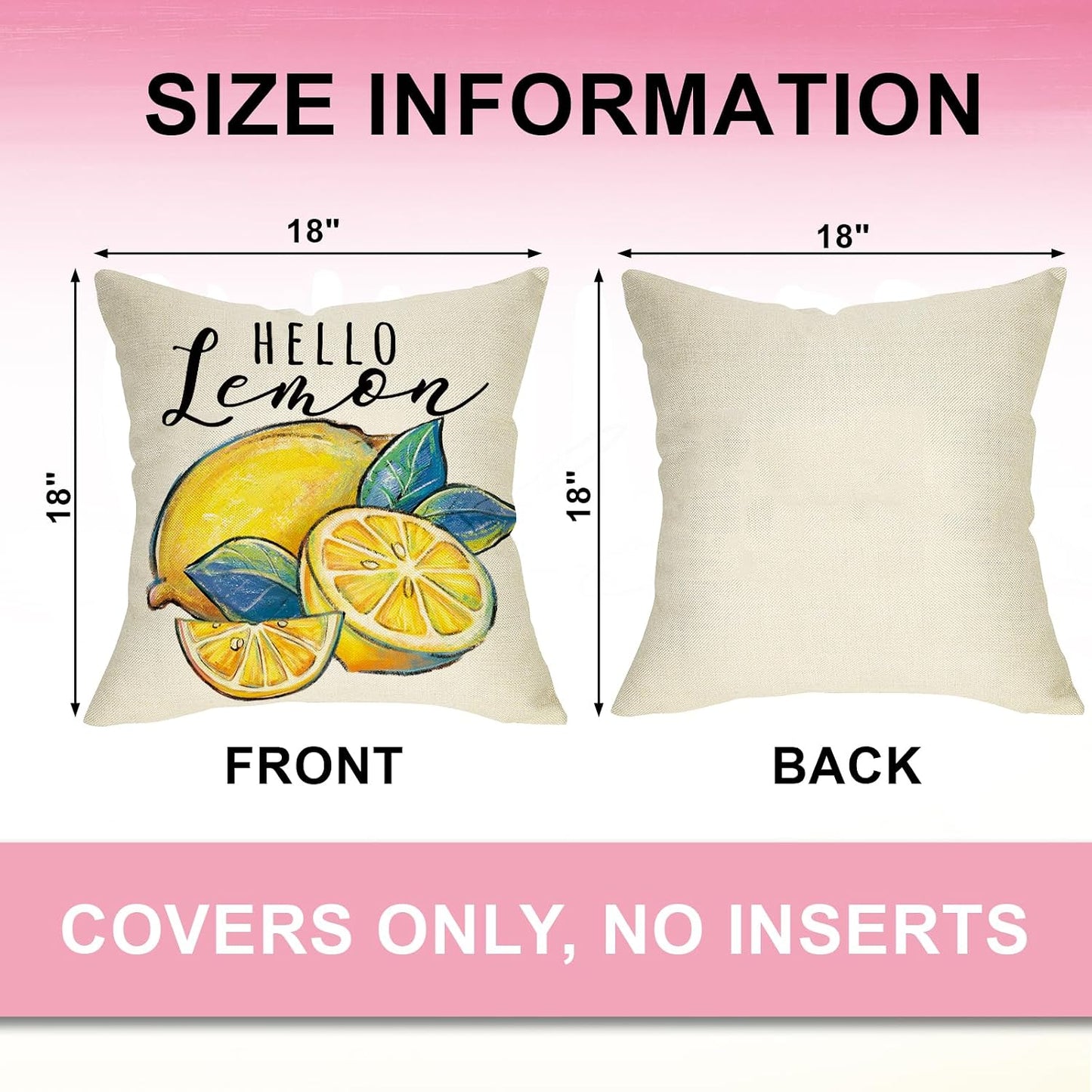 Hello Summer Lemon Decorative Throw Pillow Covers 18 x 18 Set of 4, Summer Vibes Fruit Pink Yellow Cushion Case Decor, Seasonal Home Decoration for Sofa Couch