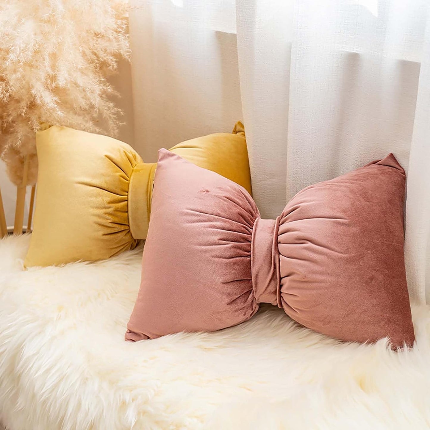 Bow Shaped Throw Pillow Bow Pillow Big Bow Throw Pillow Soft Velvet Pillow Plush Cushion Decorative Pillow for Bed Couch Living Room Decor,Yellow