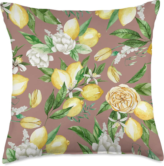 Summer by Vine Mercantile Terracotta-Amalfi Lemon Blossom Watercolor Citrus Pattern Throw Pillow, 18x18, Multicolor