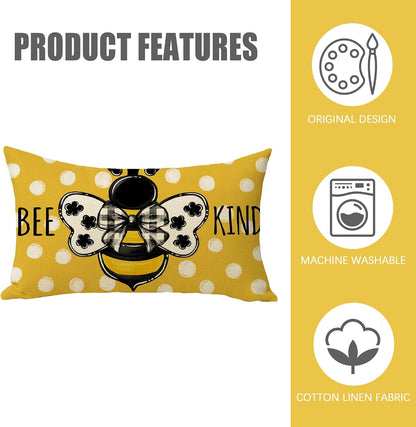 Fahrendom Spring Honey Bee Kind Lumbar Decorative Rectangle Pillow Cover 12 x 20, Summer Bumble Bee Yellow Porch Patio Outdoor Pillowcase, Polka Dots Seasonal Sofa Couch Cushion Case Home Decor