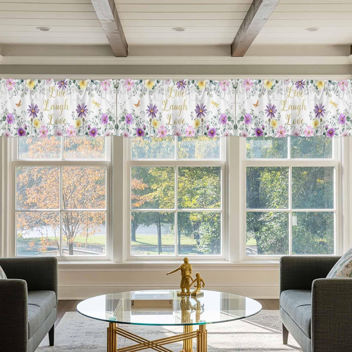 Prime Leader Purple Yellow Flowers Valances Curtain for Windows Spring Floral Eucalyptus Leaf Laugh Love Live Valance Rod Pocket Short Curtains for Kitchen Bathroom Living Room Bedroom, 42" W x 12" L