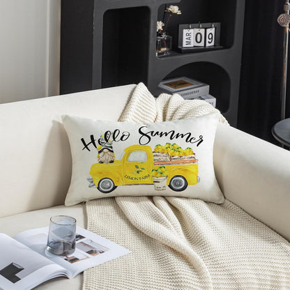 TAJWE Hello Summer Throw Pillow Cover 12x20 Inch Yellow Truck Lemon Gnome Decorative Pillowcase Farmhouse Seasonal Lumbar Cushion Case for Sofa Couch Porch Home Decor