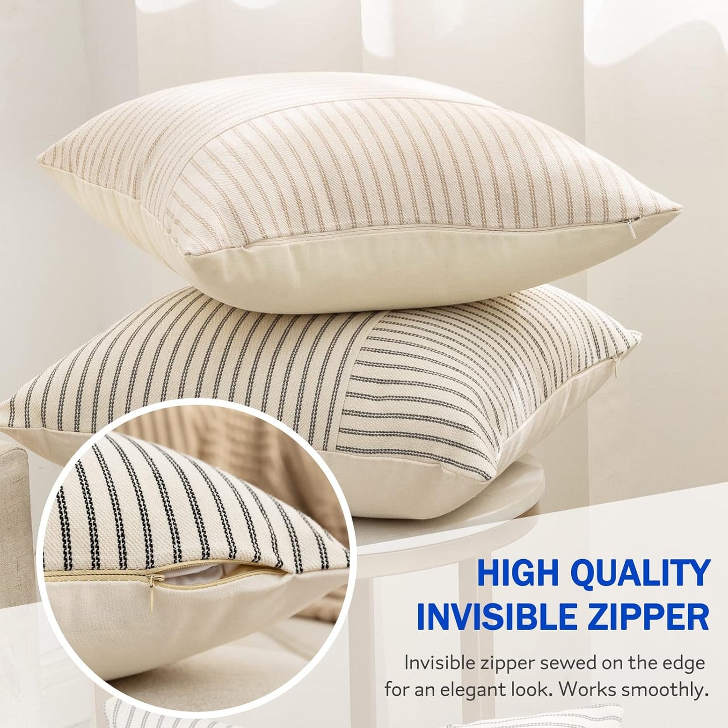 YCOLL Farmhouse Pillow Covers 18x18, Modern Accent Square Throw Pillow Covers Set of 2, Yellow and Beige Striped Patchwork Linen Decorative Pillows Cushion Covers for Couch Chair Bedroom Home Decor