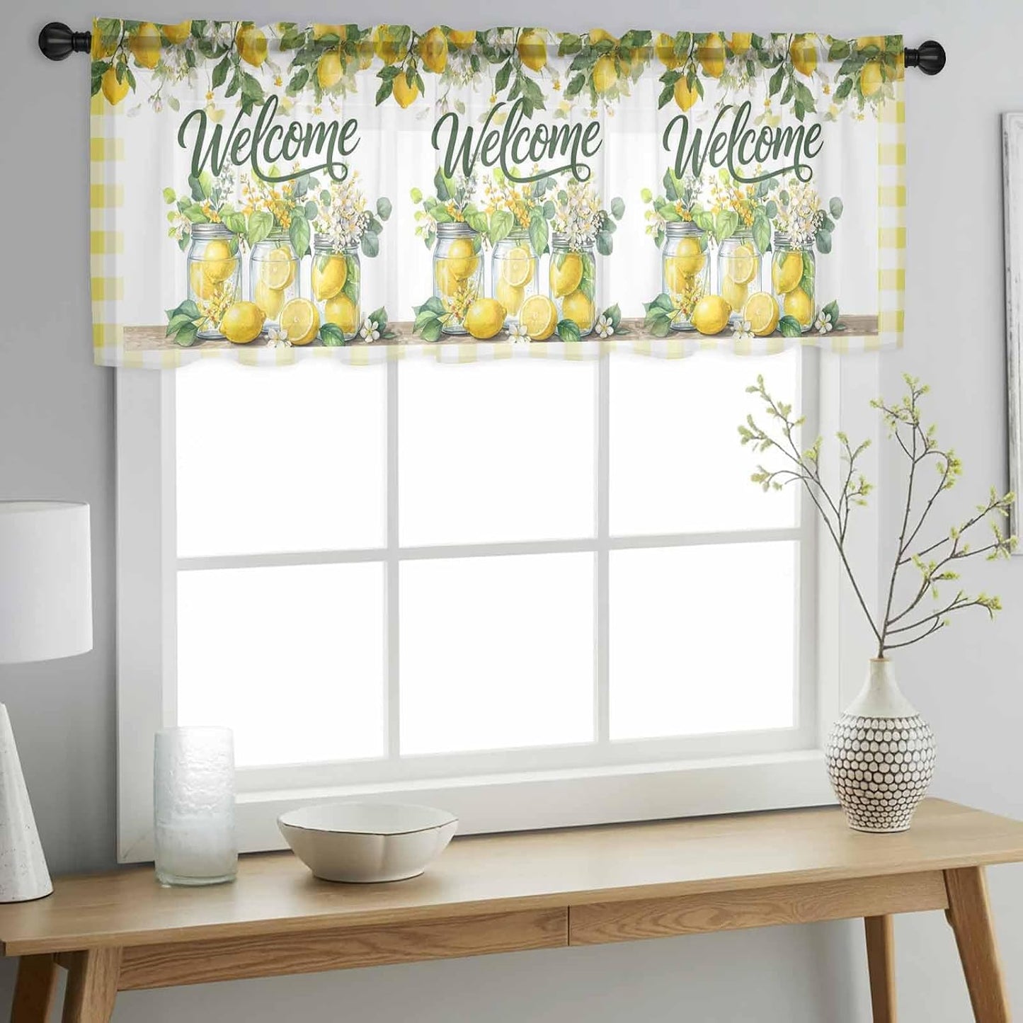 Summer Lemon Sheer Curtains Valances for Windows Yellow Plaid Fruits Floral Botanical Chiffon Kitchen Valances for Cafe, Rod Pocket Voile Window Treatments Curtains for Living Room Bedroom, 54"x18"
