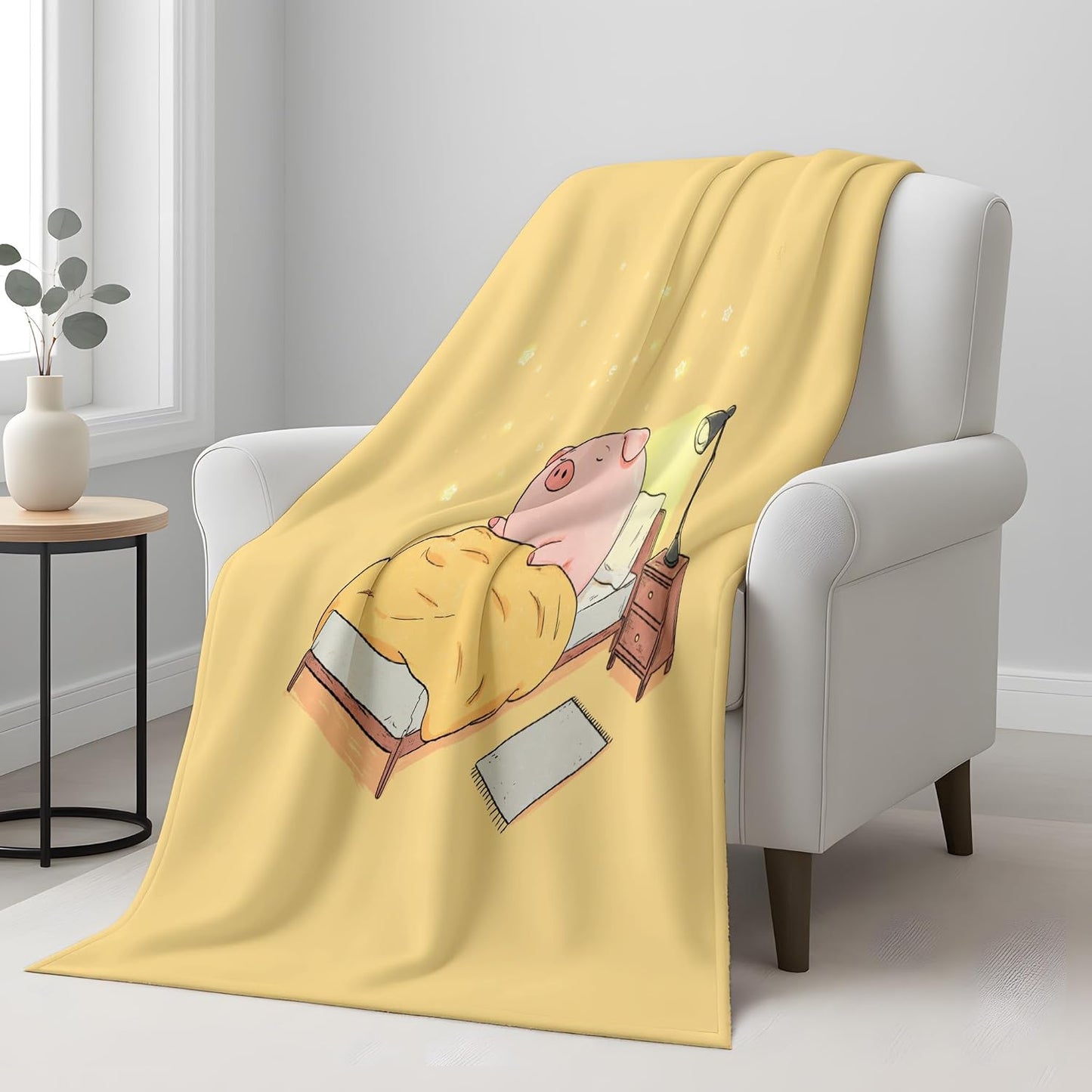 The Cartoon Throw Blanket 50" x 70", Piglet Sleeping Cozy Printed Blankets Gifts for Women Men Kids Fleece Cozy Fuzzy Lemon Yellow Blanket for Birthday Christmas Room Decor