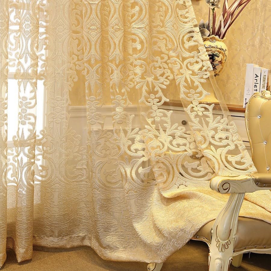 European Style Sheer Curtain - Grommet Top Luxury Window Screening for Living Room, Bedroom, Balcony - Hollow Semi-Shading Voile, Simple Modern Drape