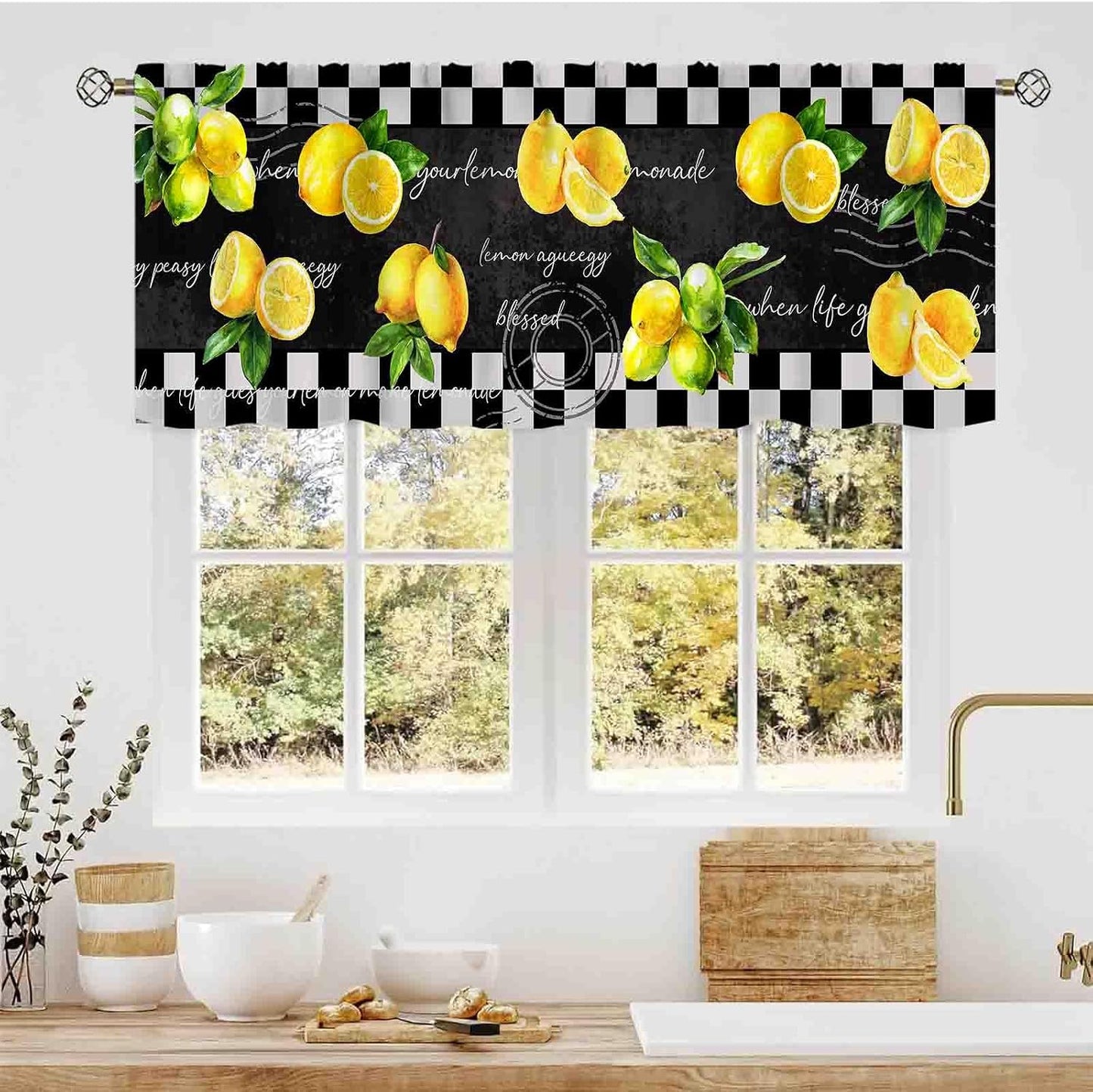 Farmhouse Lemon Valance Curtains, Summer Black Yellow Lemon Seasonal Spring Fruits Rustic Retro Rod Pocket Small Window Valance for Kitchen Cafe Living Room Bedroom Cabinet Bathroom, 54"x18" Inch