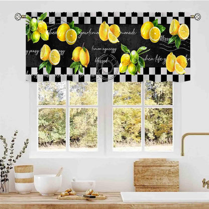 Farmhouse Lemon Valance Curtains, Summer Black Yellow Lemon Seasonal Spring Fruits Rustic Retro Rod Pocket Small Window Valance for Kitchen Cafe Living Room Bedroom Cabinet Bathroom, 54"x18" Inch