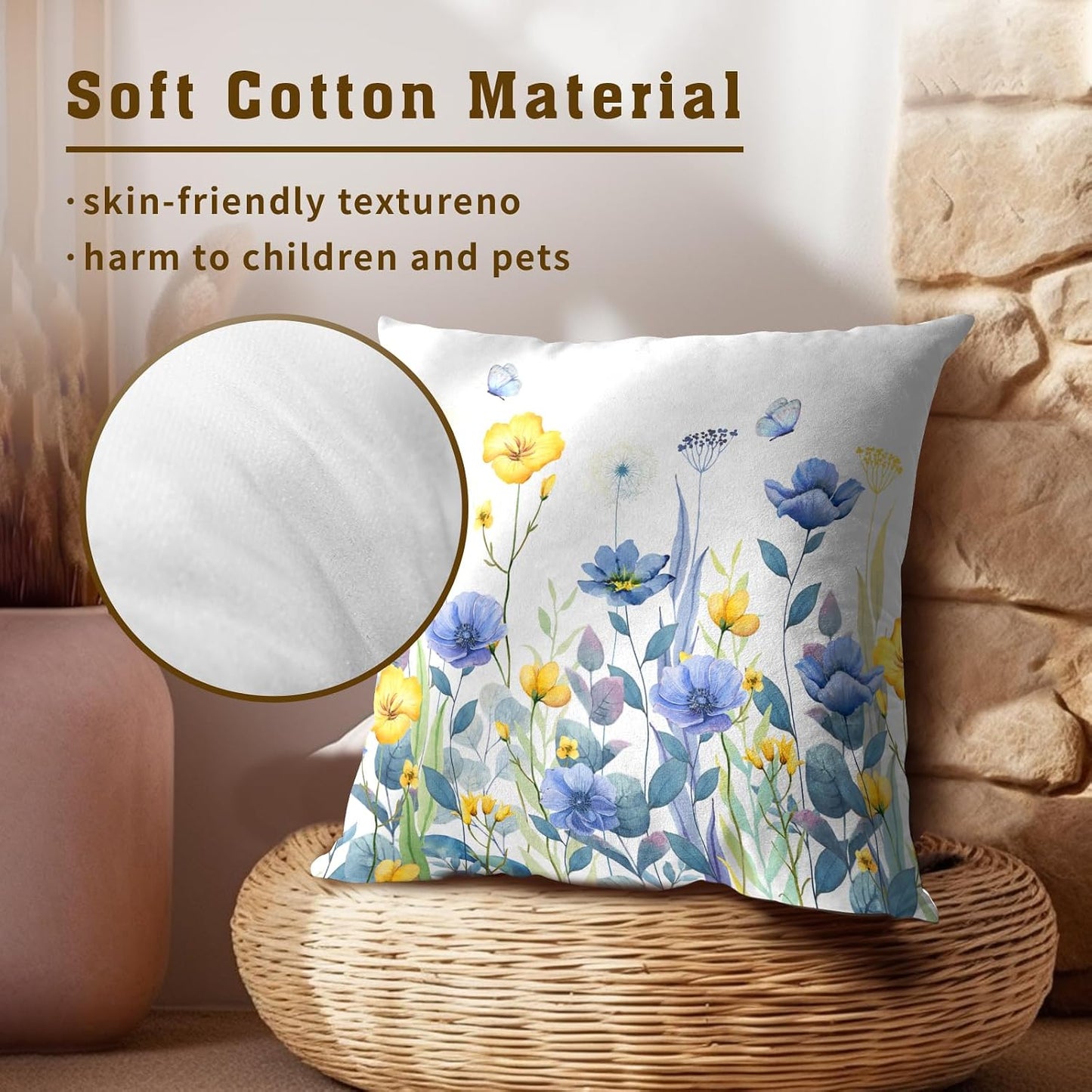 Imiss Blue Yellow Flowers Pillow Covers 18x18 Inch Set of 2, Poppy Floral Square Cushion Covers Spring Summer Seasonal Decor Pillowcase for Living Room Sofa Bedroom