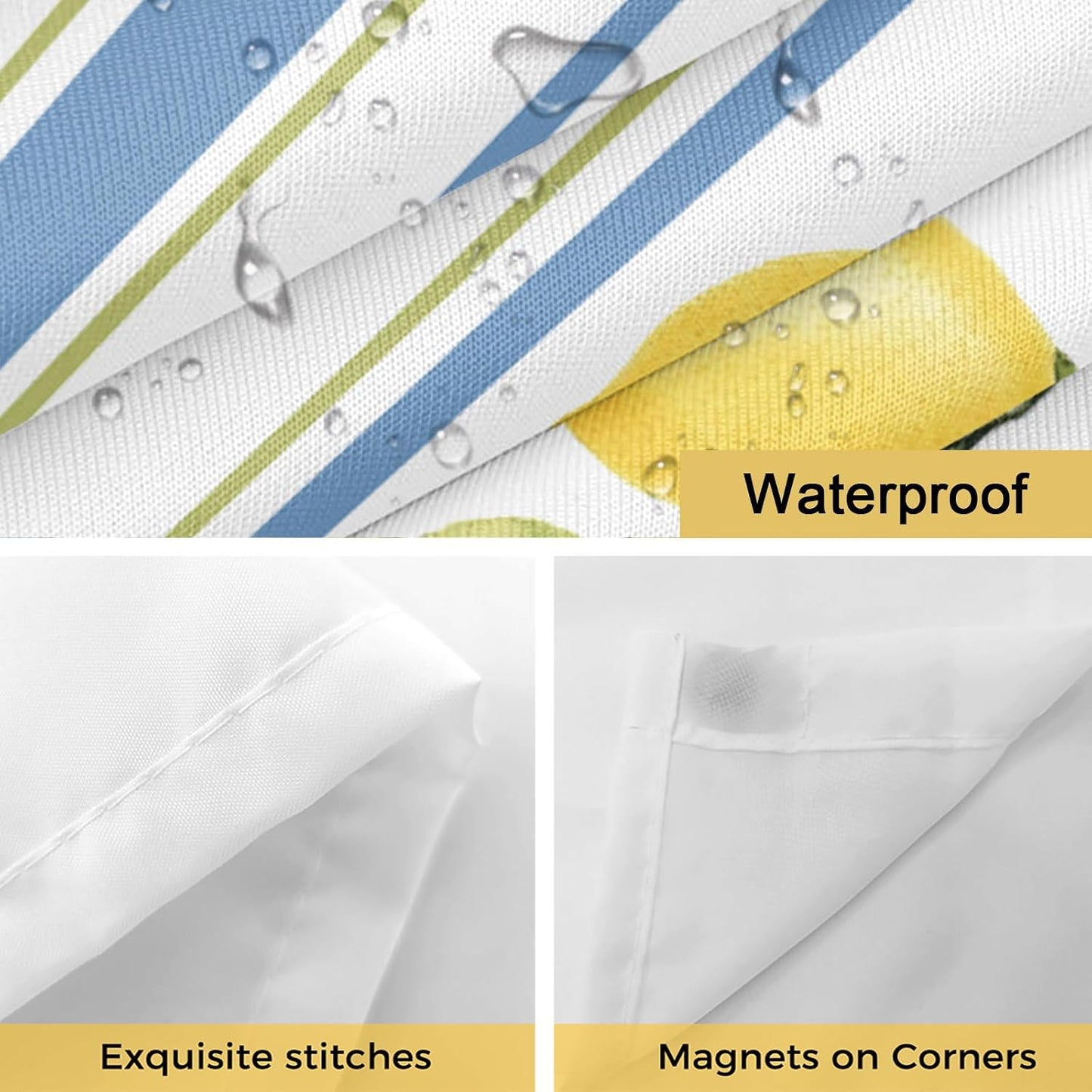 QueenKer Lemon Striped Shower Curtains Set Yellow Fruit Blue White No Hook Shower Curtains with Snap in Liner 72" x 72" Waterproof Fabric See Through Top Sheer Window for Bathroom Shower Room