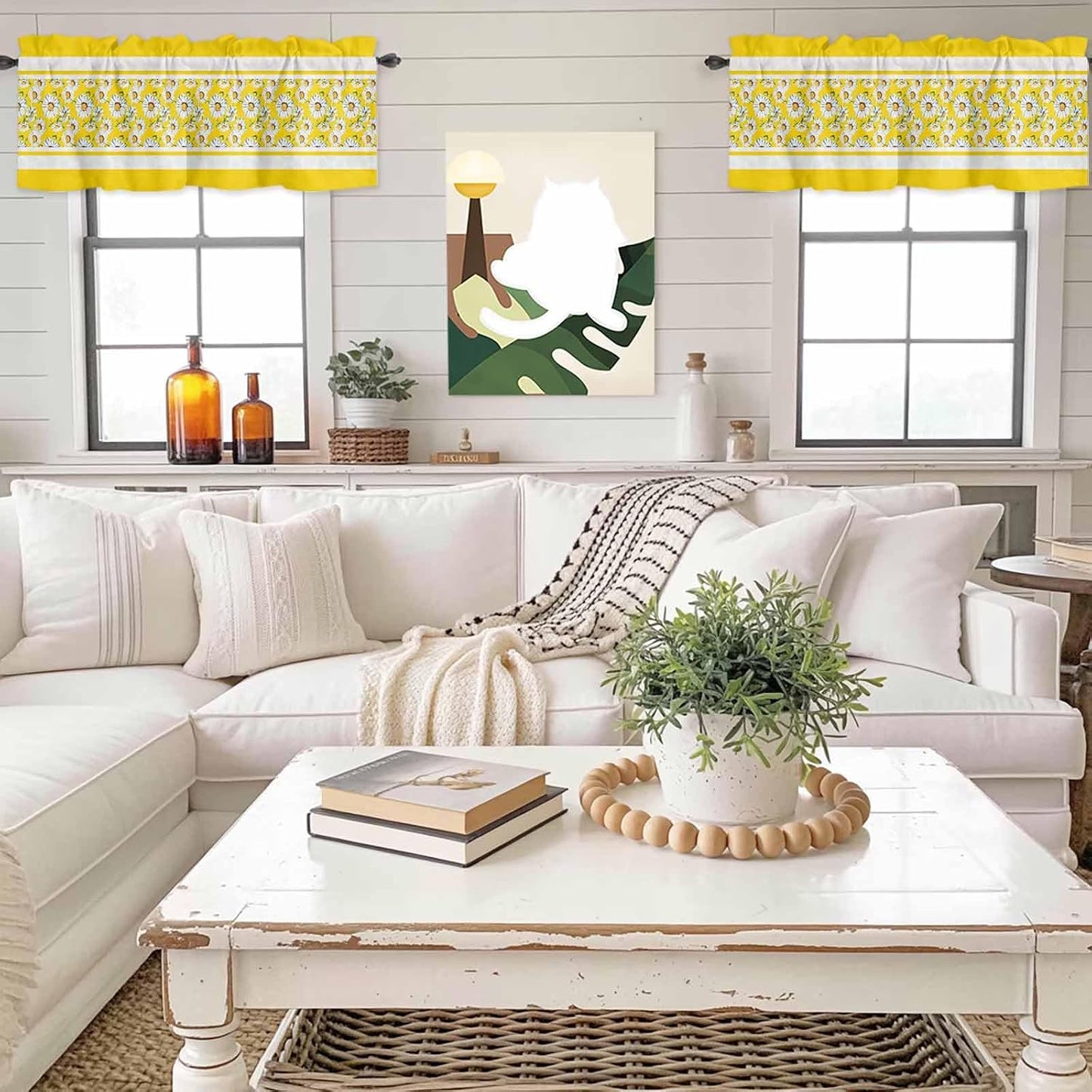 Yellow Daisy Valance Curtains Kitchen Curtain for Windows Valance Farmhouse Floral Yellow Striped Sheer Curtains Privacy Bedroom Curtain Topper for Living Room Home Decor 42x12in