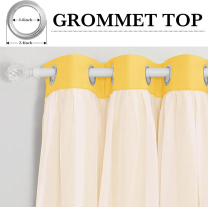 PONY DANCE Lemon Yellow Blakcout Curtains with White Sheer Overlay for Bedroom, Double Layer Grommet Drapes 84 Inches Long for Nursery/Living Room, 2 Panels Set with 4 Tiebacks, 52" W x 84" L
